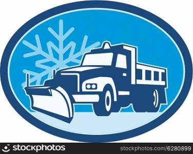 Illustration of a snow plow truck plowing with winter snow flakes in background set inside circle done in retro style.