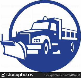 Illustration of a snow plow truck set inside circle on isolated background done in retro style.. Snow Plow Truck Circle Retro