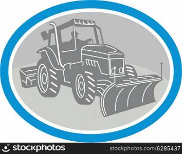 Illustration of a snow plow truck set inside oval on isolated background done in retro style.. Snow Plow Truck Oval Retro