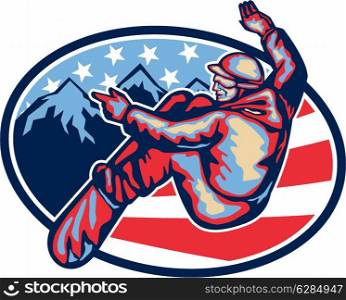 Illustration of a snowboarding spin jumping on snowboard set inside oval with alpine alps mountains and American stars and stripes flag in background done in retro style.. American Snowboarder Jumping Snowboard Retro