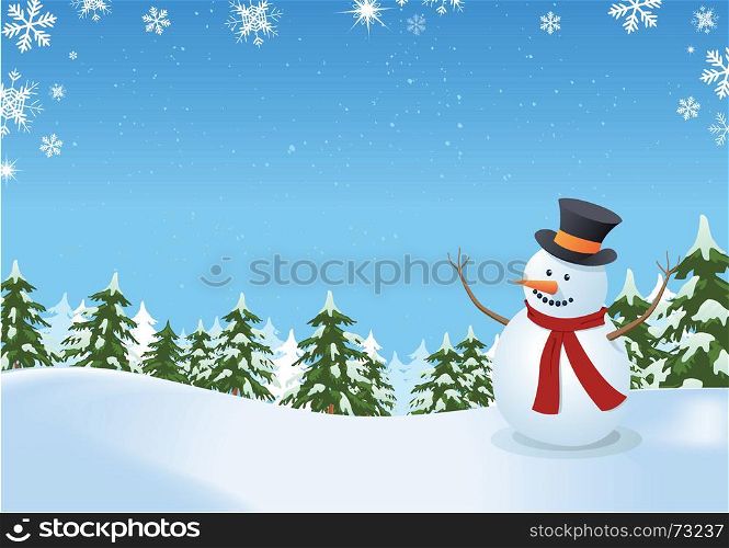 Illustration of a snowman inside winter landscape with pine trees, firs and space for your message. Snowman In Winter Landscape
