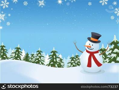 Illustration of a snowman inside winter landscape with pine trees, firs and space for your message. Snowman In Winter Landscape