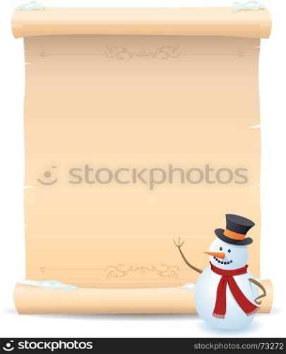 Illustration of a snowman showing parchment sign for your advertisement. Snowman And Parchment Sign