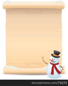 Illustration of a snowman showing parchment sign for your advertisement. Snowman And Parchment Sign