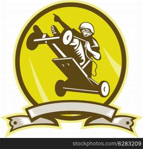 illustration of a Soap box derby car jumping viewed from low angle with scroll. Soap box derby car jumping
