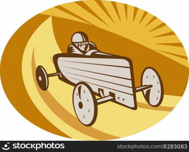 illustration of a Soap box derby car racing with sunburst in the background.. Soap box derby car racing with sunburst