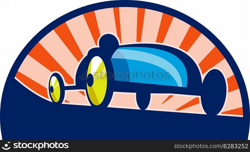 illustration of a Soap box derby car racing with sunburst in the background.. Soap box derby car racing