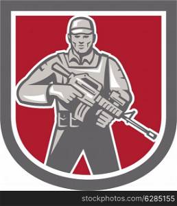 Illustration of a soldier serviceman with assault rifle facing front set inside shield crest shape on isolated white background done in retro style.. Soldier Serviceman With Assault Rifle Shield