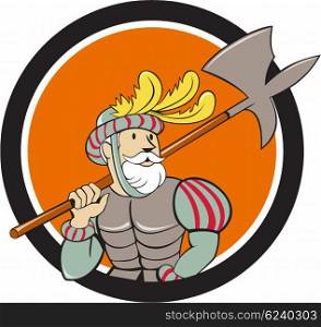 Illustration of a spanish conquistador holding ax sword lance on shoulder looking to the side viewed from front set inside circle done in cartoon style. . Spanish Conquistador Ax Sword Circle Cartoon