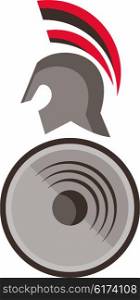 Illustration of a spartan warrior helmet and shield viewed the side set on isolated white background done in retro style. . Spartan Warrior Helmet Shield Retro