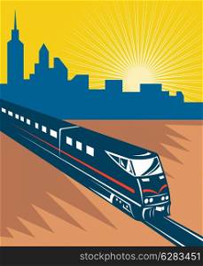 illustration of a Speeding passenger train city skyline in the background done in retro style.. Speeding passenger train city skyline