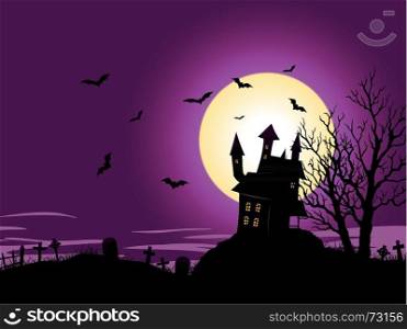 Illustration of a spooky haunted house inside halloween landscape. Cartoon Halloween Background