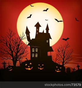 Illustration of a spooky haunted house inside red halloween holidays horror background. Halloween Background