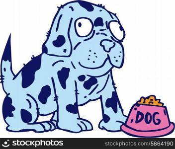 Illustration of a spotted dog with pet food bowl on isolated white background done in cartoon style. . Spotted Dog Food Bowl Cartoon