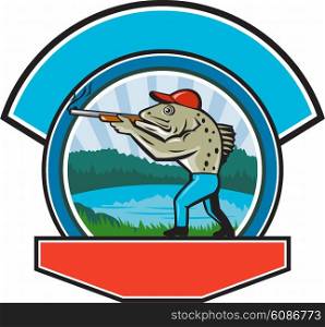 Illustration of a spotted sea trout fish hunter hunting aiming a shotgun rifle viewed from side with lake, trees and mountains in the background done in retro style.