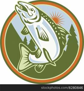 Illustration of a spotted speckled trout fish jumping set inside circle done in retro style.. Spotted Speckled Trout Fish Jumping
