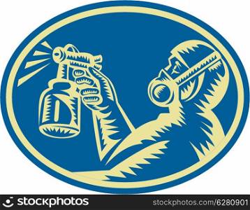 Illustration of a spray painter spraying paint spray gun done in woodcut retro style set inside ellipse viewed from side.