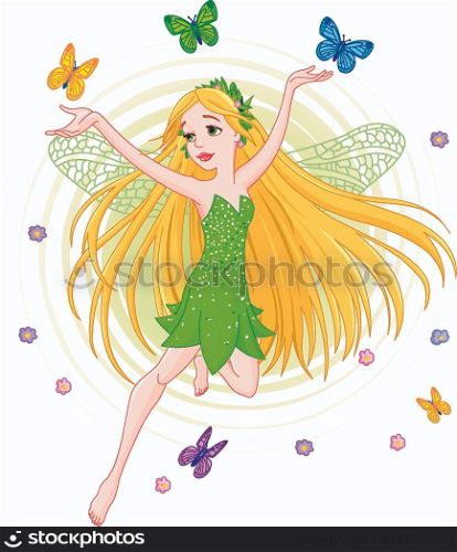 Illustration of a spring fairy in flight surrounded by butterfly