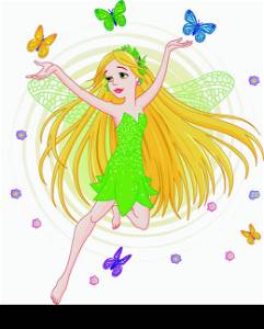 Illustration of a spring fairy in flight surrounded by butterfly