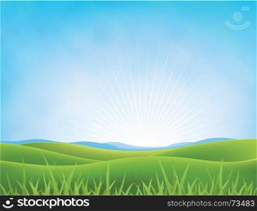 Illustration of a spring or summer landscape in a bright cloudy sky with green fields and meadows and grass in the foreground. Summer Or Spring Meadows Background