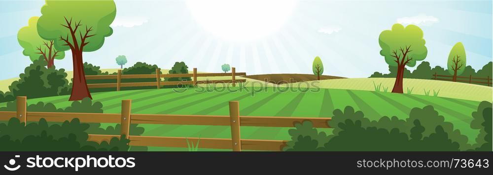 Illustration of a spring or summer season agriculture and farming wide landscape with fields, pasture, meadows, hedges, fences, trees, lawn and grass for dairy cows. Agriculture And Farming Landscape Banner