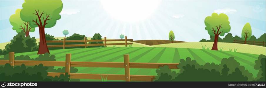 Illustration of a spring or summer season agriculture and farming wide landscape with fields, pasture, meadows, hedges, fences, trees, lawn and grass for dairy cows. Agriculture And Farming Landscape Banner