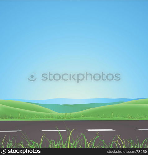 Illustration of a spring or summer season road on nature landscape with lawn and fields behind. Spring Or Summer Road With Mountains Background