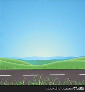 Illustration of a spring or summer season road on nature landscape with lawn and fields behind. Spring Or Summer Road With Mountains Background