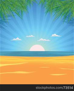 Illustration of a spring or summer tropical beach with palm tree leaves, sand, and ocean in the sunrise. Summer Beach Landscape