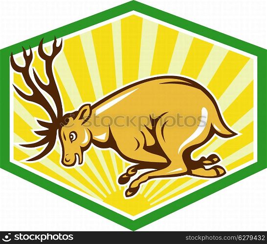 Illustration of a stag deer buck head facing side charging attacking set inside hexagon on isolated white background done in cartoon style.. Stag Deer Charging Side Cartoon