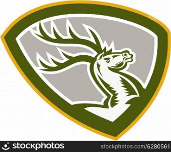 Illustration of a stag deer buck head facing side looking up set inside shield crest shape on isolated white background done in retro woodcut style.. Stag Deer Retro Woodcut Shield