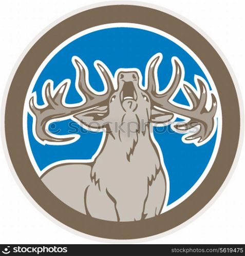 Illustration of a stag deer buck head roaring facing front looking up set inside circle shape on isolated background done in retro style.. Stag Deer Roaring Circle Retro
