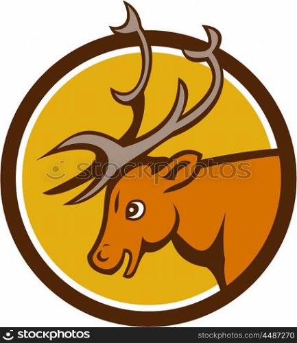 Illustration of a stag deer buck head viewed from the side set inside circle on isolated background done in cartoon style.. Stag Deer Buck Head Circle Cartoon