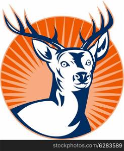 illustration of a Stag deer or buck with sunburst in background set inside a circle.. Stag deer or buck with sunburst