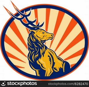 illustration of a Stag deer or buck with sunburst in backround. Stag deer with sunburst in backround