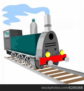 illustration of a steam train locomotive coming up on railroad done in retro style on isolated background. vintage steam train locomotive