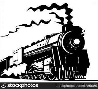 illustration of a steam train locomotive coming up on railroad done in retro style on isolated background. vintage steam train locomotive