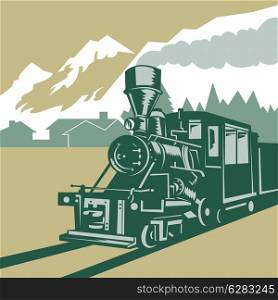 illustration of a steam train locomotive coming up on railroad done in retro woodcut style. vintage steam train locomotive