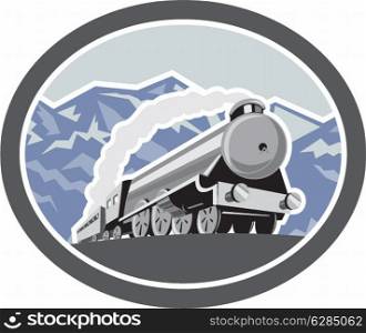 Illustration of a steam train locomotive traveling with mountains in background viewed from front set inside oval shape done in retro style.. Steam Train Locomotive Mountains Retro