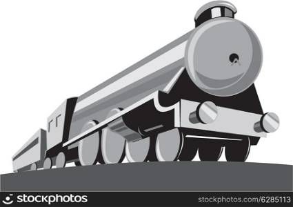 Illustration of a steam train locomotive viewed from a low angle done in retro style on isolated white background.. Steam Train Locomotive Retro