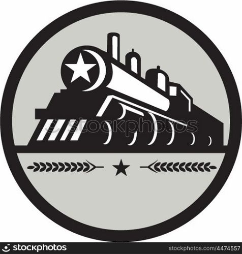 Illustration of a steam train locomotive viewed from front set inside circle with star and leaves done in retro style.. Steam Train Locomotive Star Circle Retro