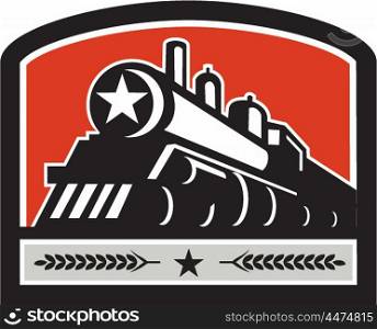 Illustration of a steam train locomotive viewed from front set inside shield crest with star and leaves done in retro style.. Steam Train Locomotive Star Crest Retro
