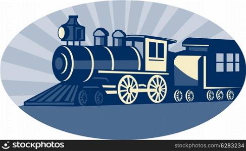 illustration of a Steam train or locomotive side view set inside an oval. Steam train or locomotive
