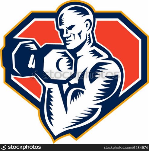 Illustration of a stongman athlete muscle-up lifting dumbbell facing side set inside shield crest shape done in retro woodcut style on isolated white background. Strongman Lifting Dumbbell Retro