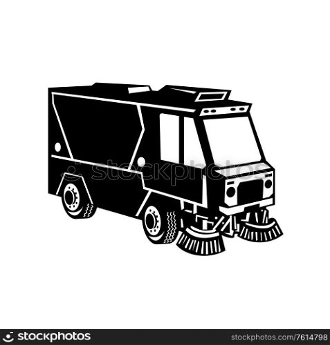 Illustration of a street cleaner truck sweeping cleaning viewed from side set on isolated background done in retro Black and White style.. Street Cleaner Truck Side View Retro Black and White
