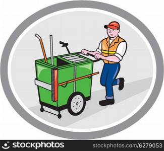 Illustration of a street cleaner worker pushing a cleaning trolley viewed from front set inside an oval circle on isolated background done in cartoon style.. Street Cleaner Pushing Trolley Oval Cartoon