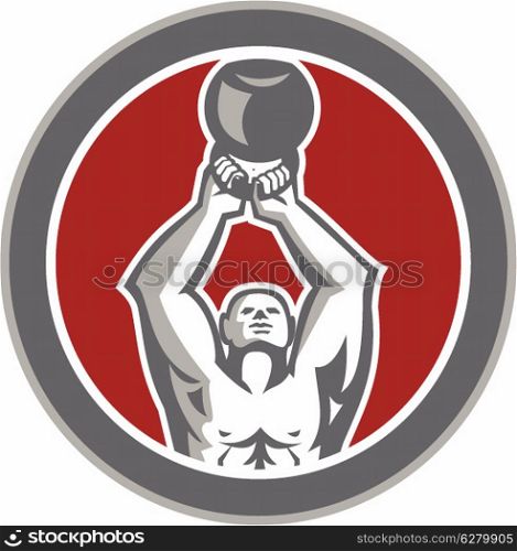 Illustration of a strongman athlete muscle-up lifting kettlebell facing front set inside circle shape done in retro style on isolated white background.. Strongman Lifting Up Kettlebell Circle Retro