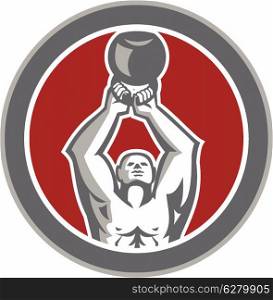 Illustration of a strongman athlete muscle-up lifting kettlebell facing front set inside circle shape done in retro style on isolated white background.. Strongman Lifting Up Kettlebell Circle Retro