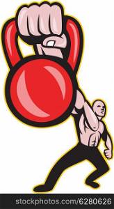 Illustration of a strongman crossfit training lifting kettlebell or girya viewed from front on isolated background.