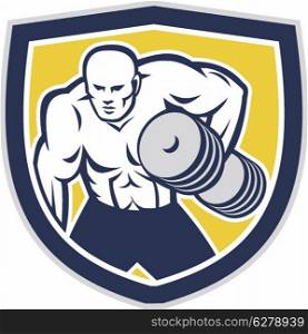 Illustration of a strongman muscular guy lifting dumbbells weight training viewed from front set inside shield crest shape done in retro style.. Strongman Lifting Dumbbells Front Shield Retro
